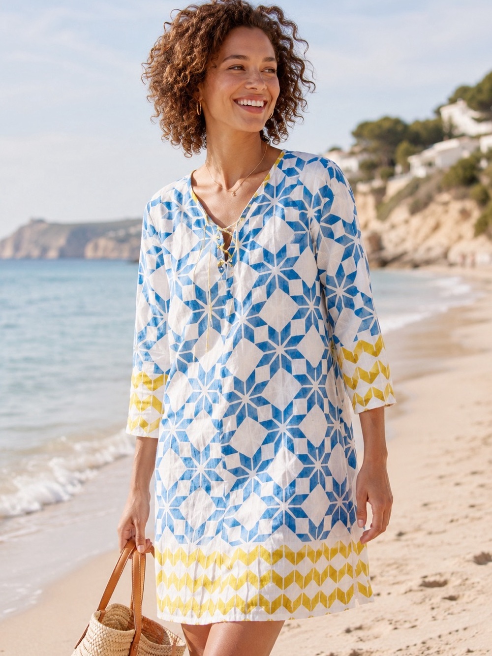 NWT Roberta Freymann Light Cotton Tunic Dress MEDIUM Boho Preppy Luxury Coastal